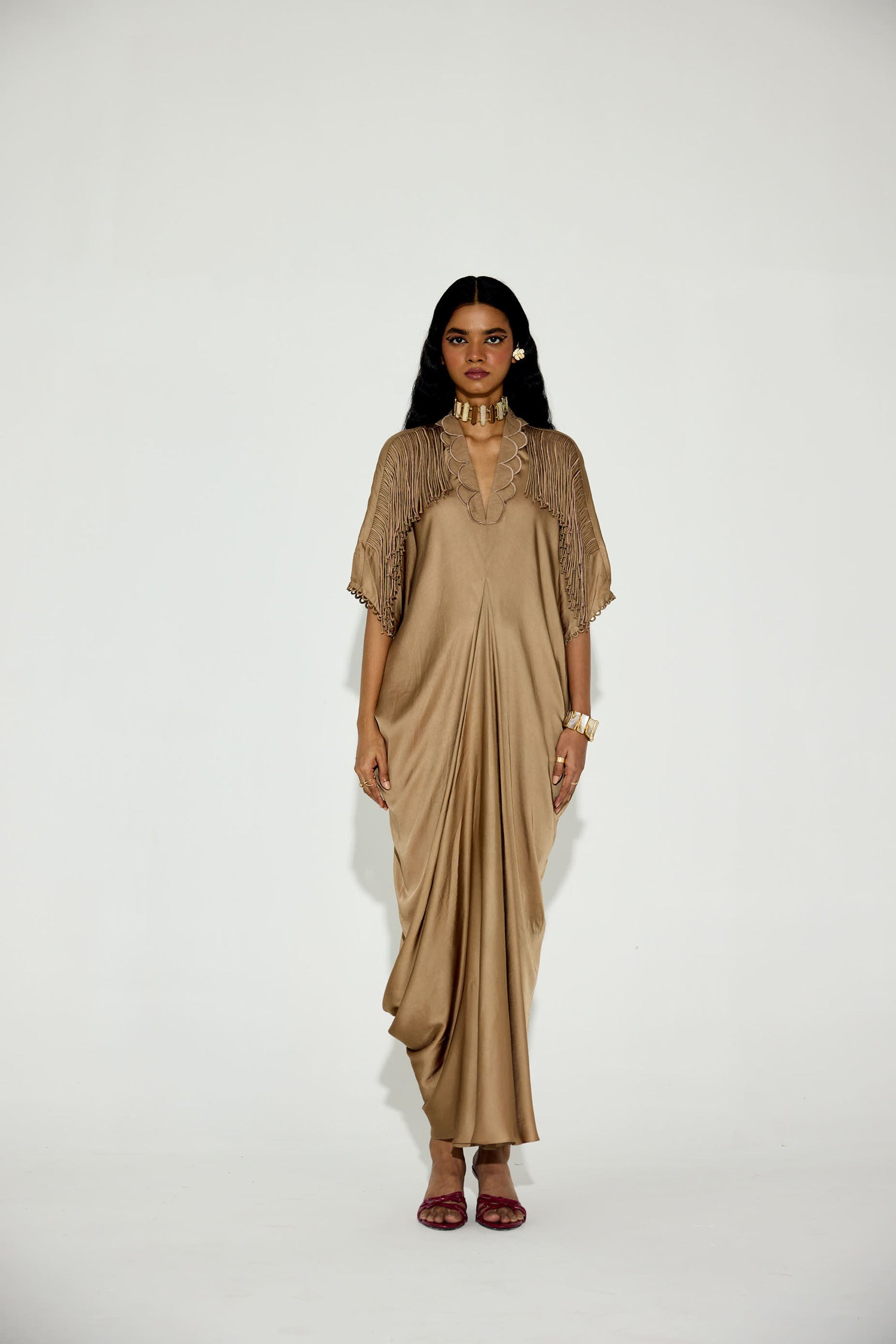 Indy Handcrfated Fringed & Scalloped Neck Draped Kaftan