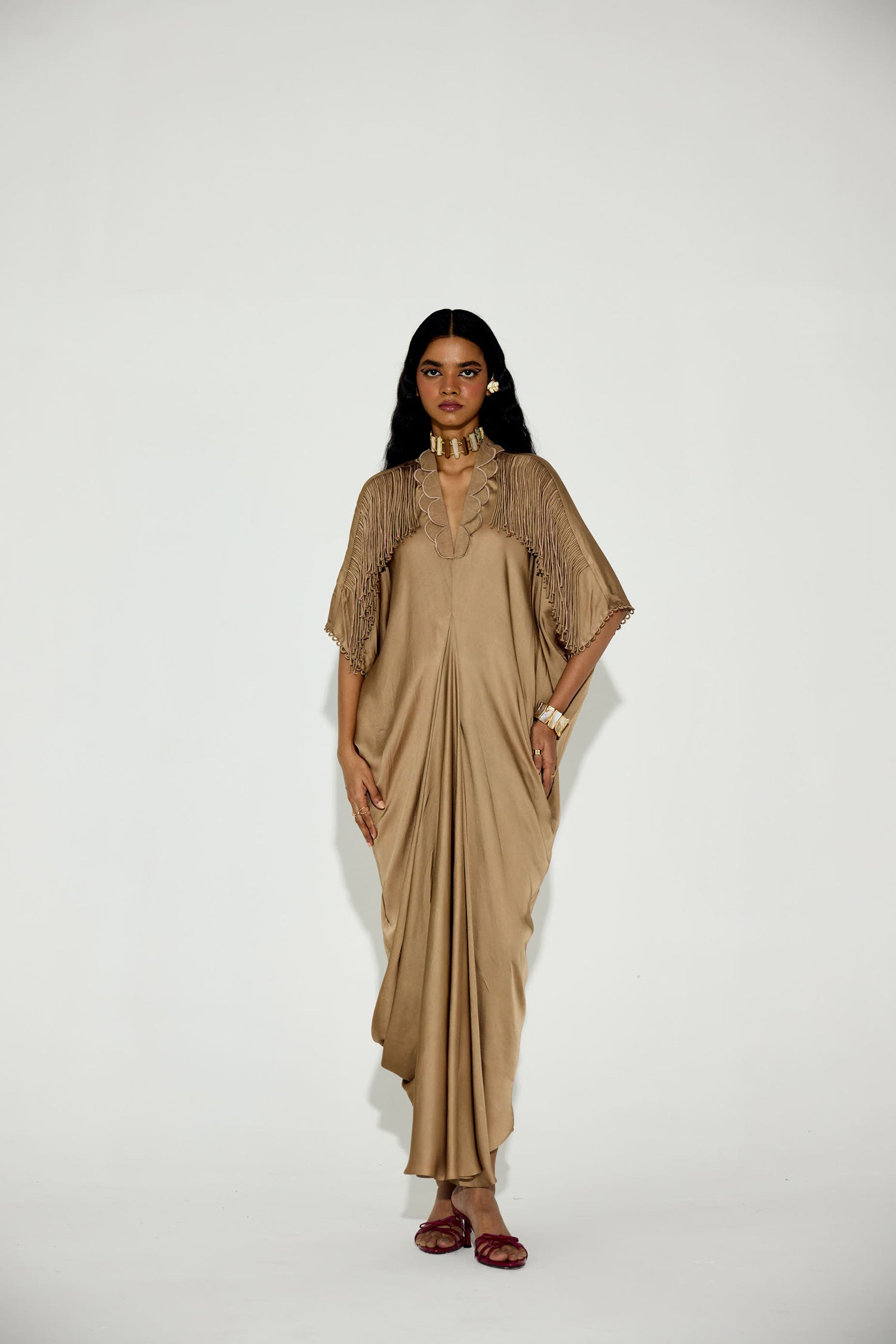 Indy Handcrfated Fringed & Scalloped Neck Draped Kaftan