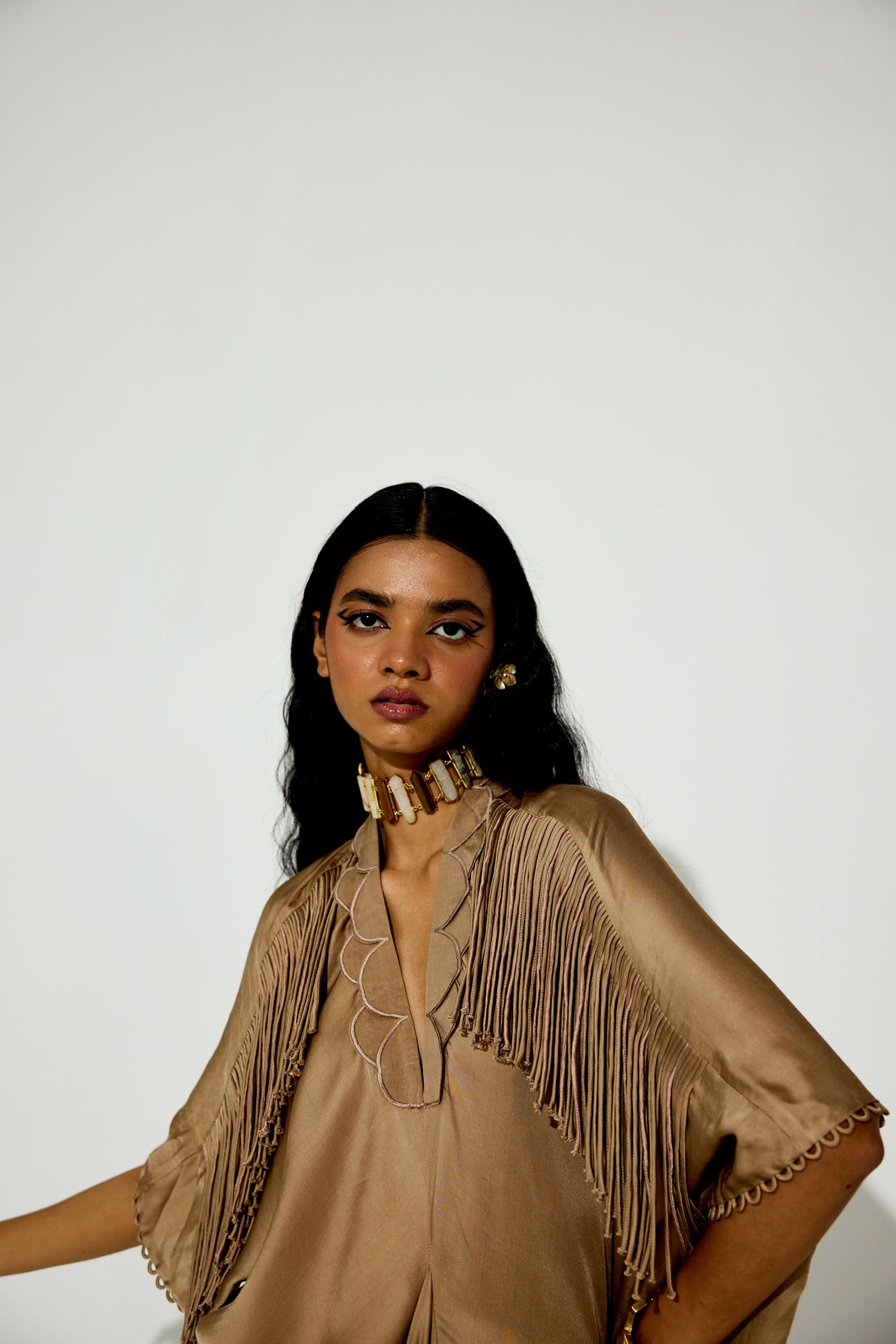 Indy Handcrfated Fringed & Scalloped Neck Draped Kaftan