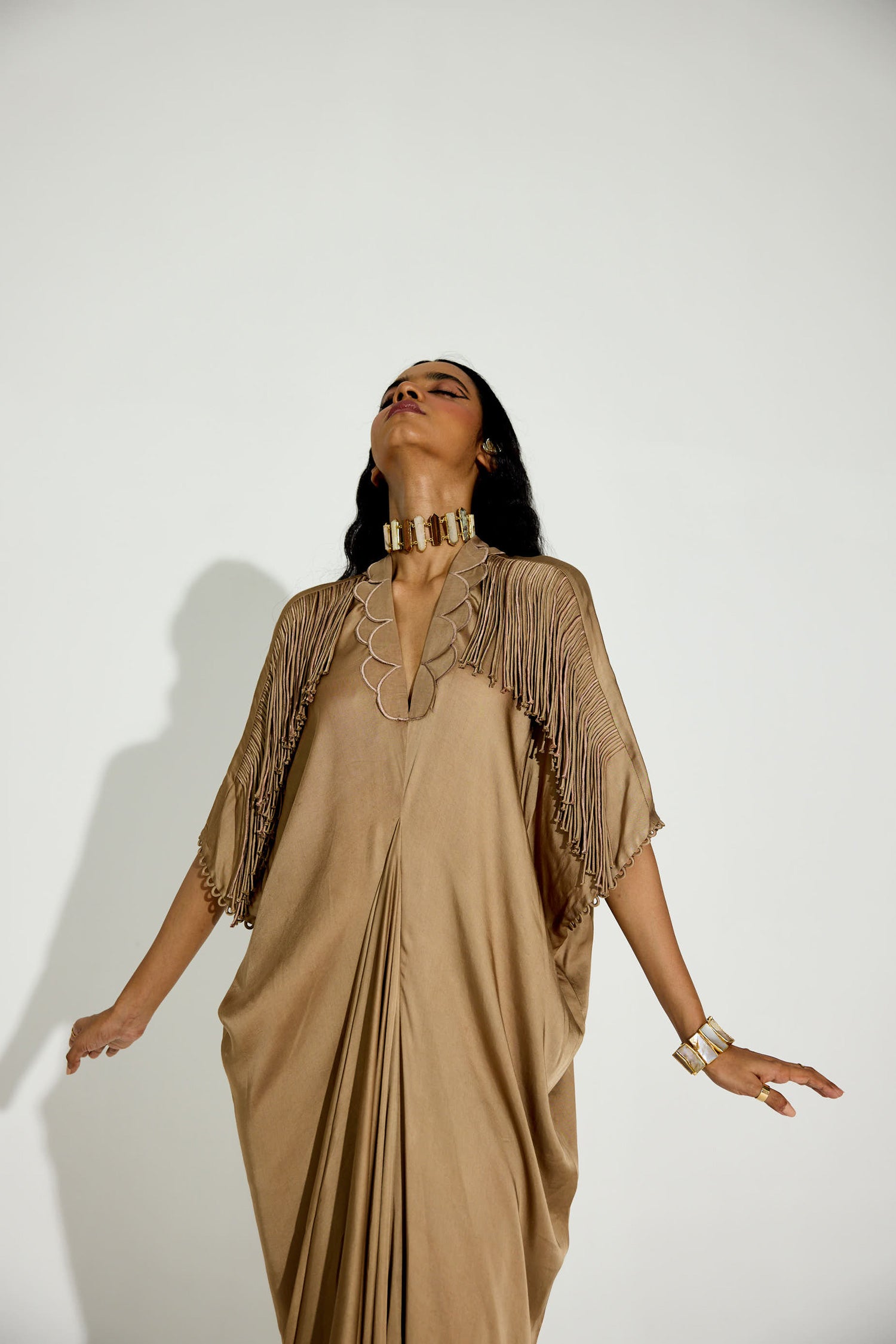 Indy Handcrfated Fringed & Scalloped Neck Draped Kaftan