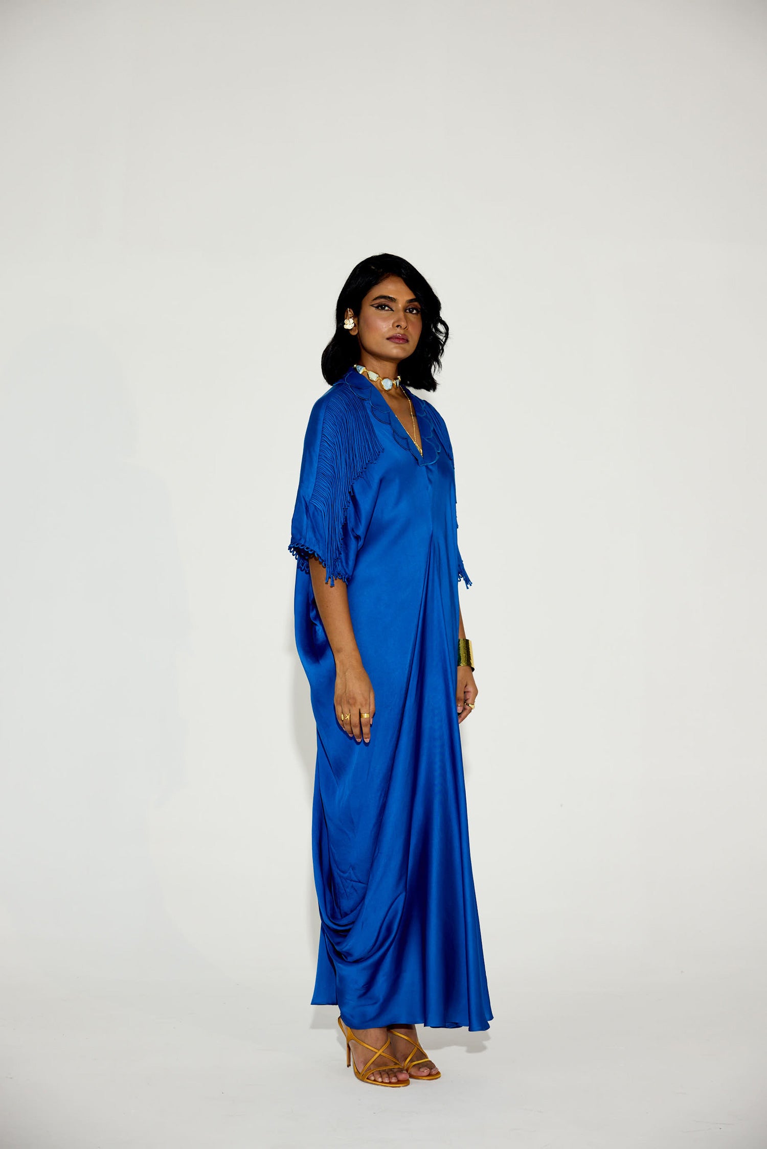 Indy Handcrfated Fringed & Scalloped Neck Draped Kaftan