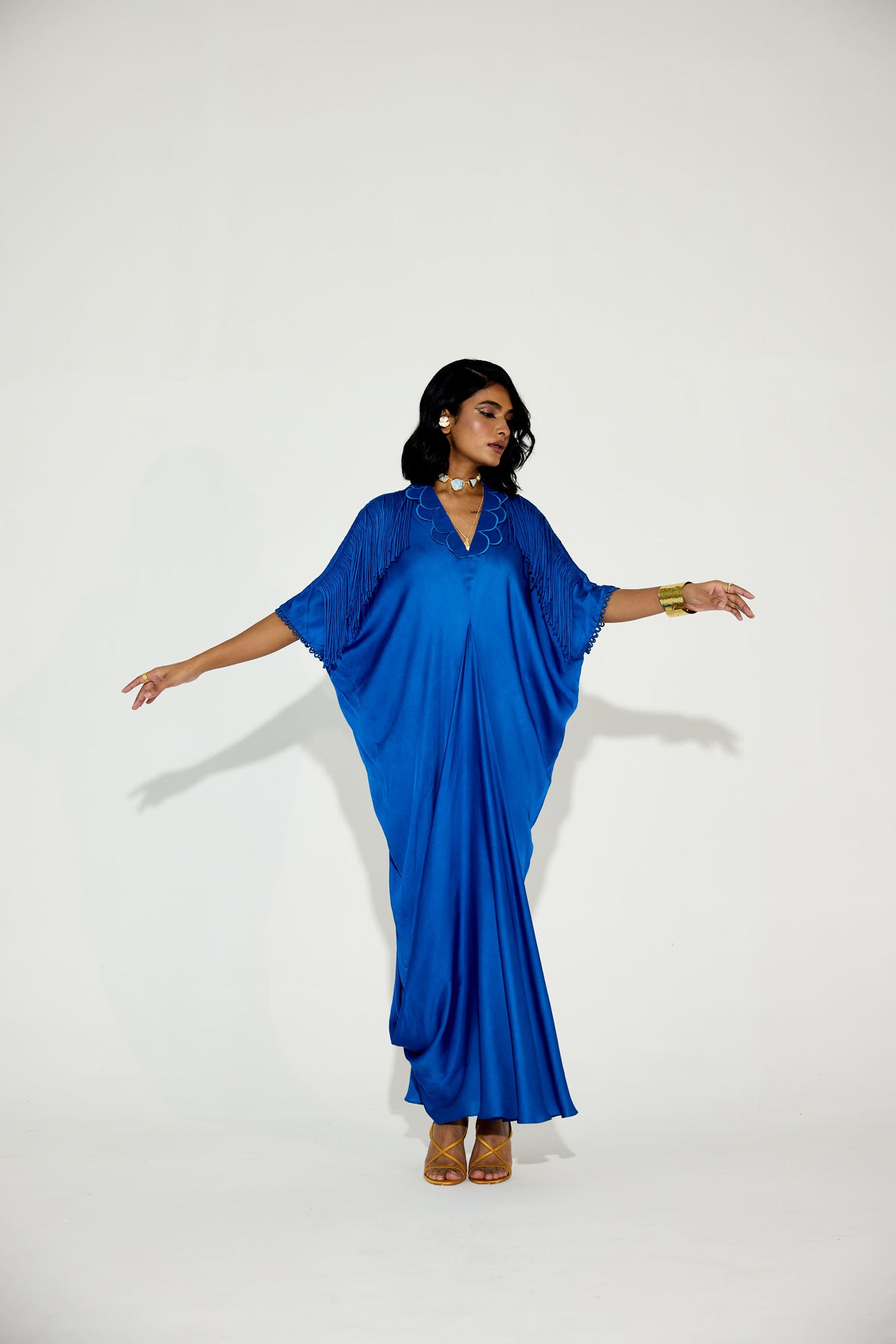 Indy Handcrfated Fringed & Scalloped Neck Draped Kaftan