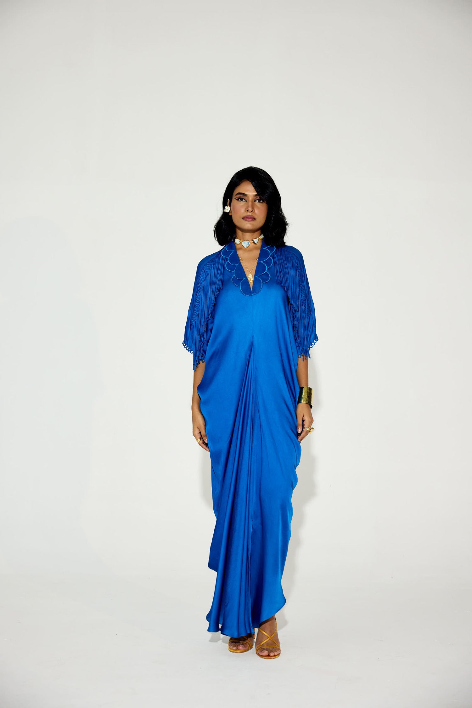 Indy Handcrfated Fringed & Scalloped Neck Draped Kaftan
