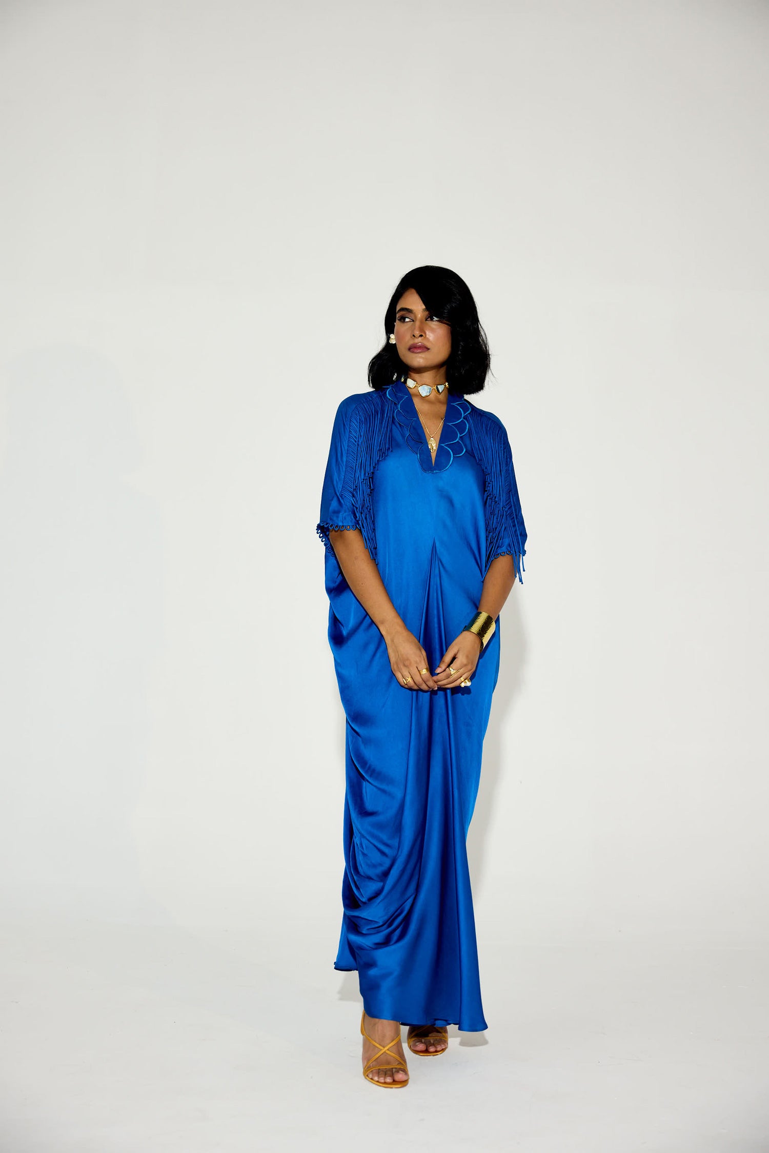 Indy Handcrfated Fringed & Scalloped Neck Draped Kaftan