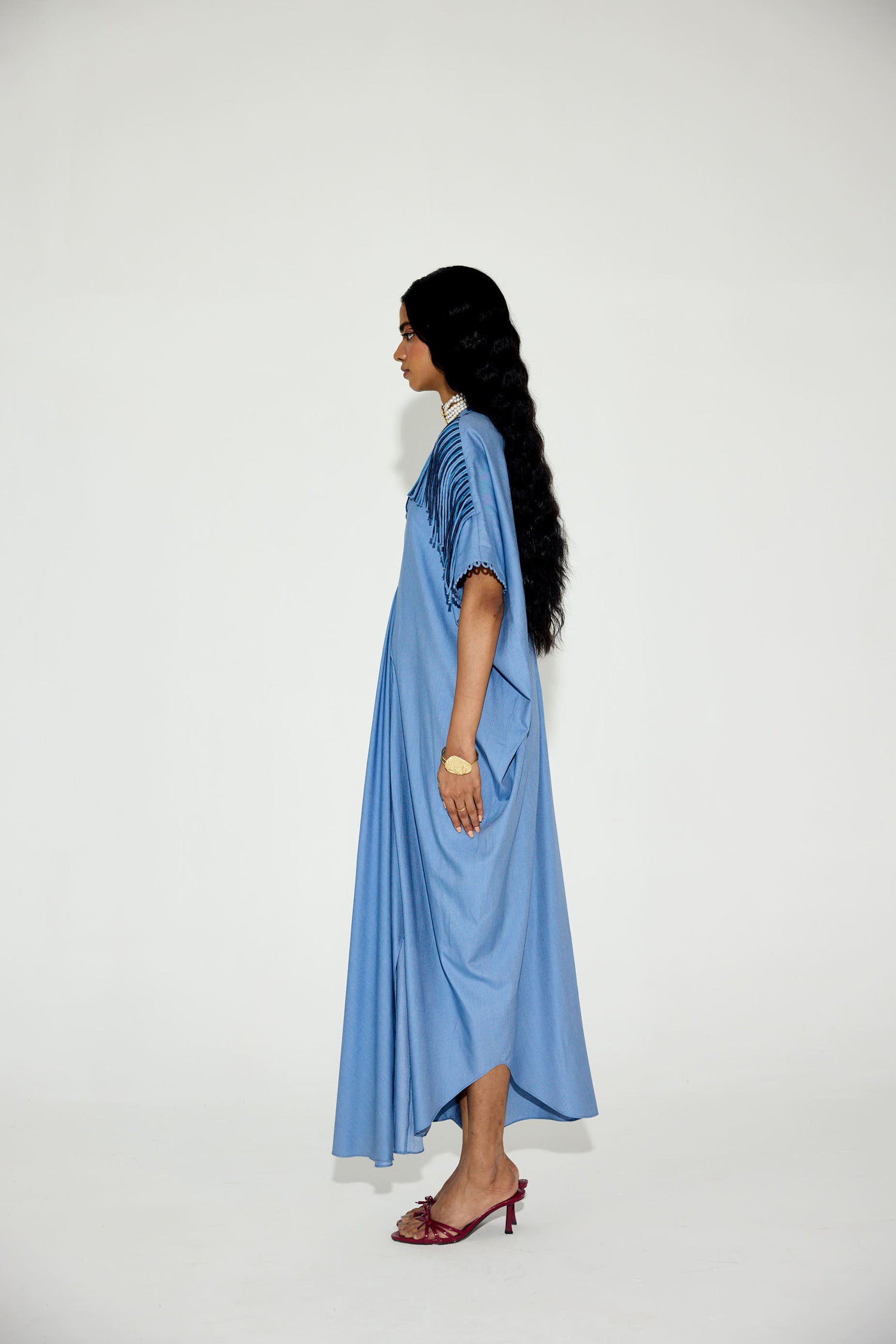 Indy [DENIM] Handcrfated Fringed & Scalloped Neck Draped Kaftan