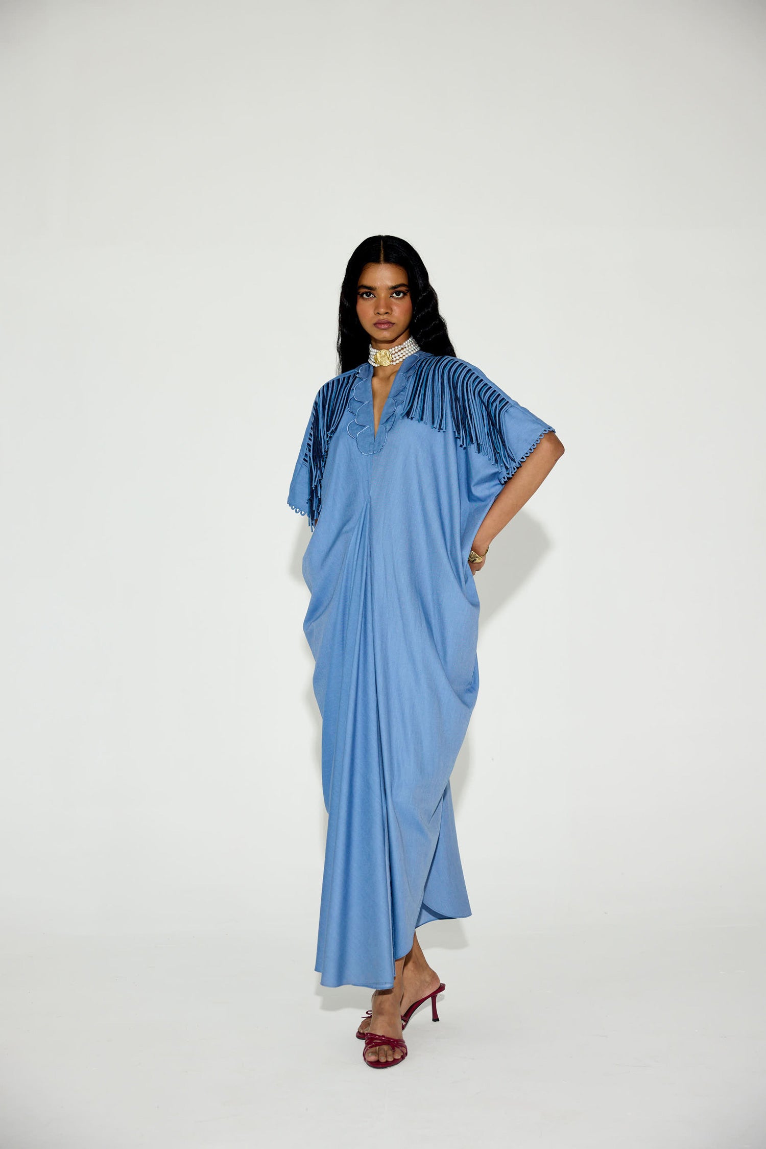 Indy [DENIM] Handcrfated Fringed & Scalloped Neck Draped Kaftan