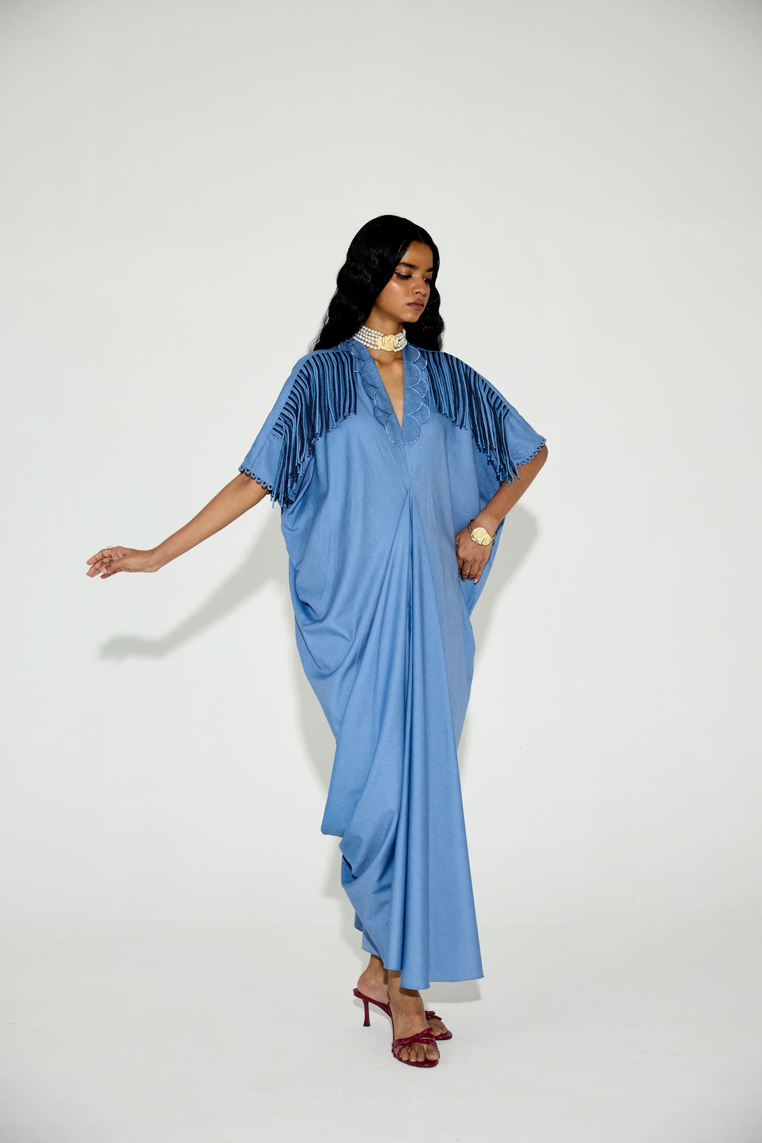 Indy [DENIM] Handcrfated Fringed & Scalloped Neck Draped Kaftan