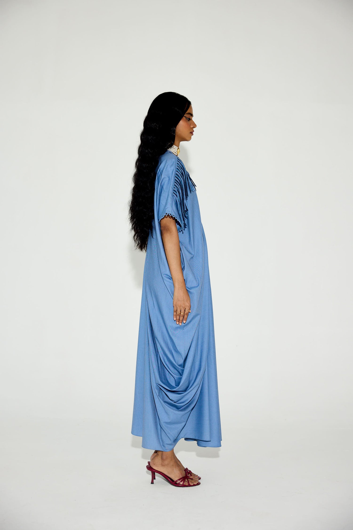 Indy [DENIM] Handcrfated Fringed & Scalloped Neck Draped Kaftan