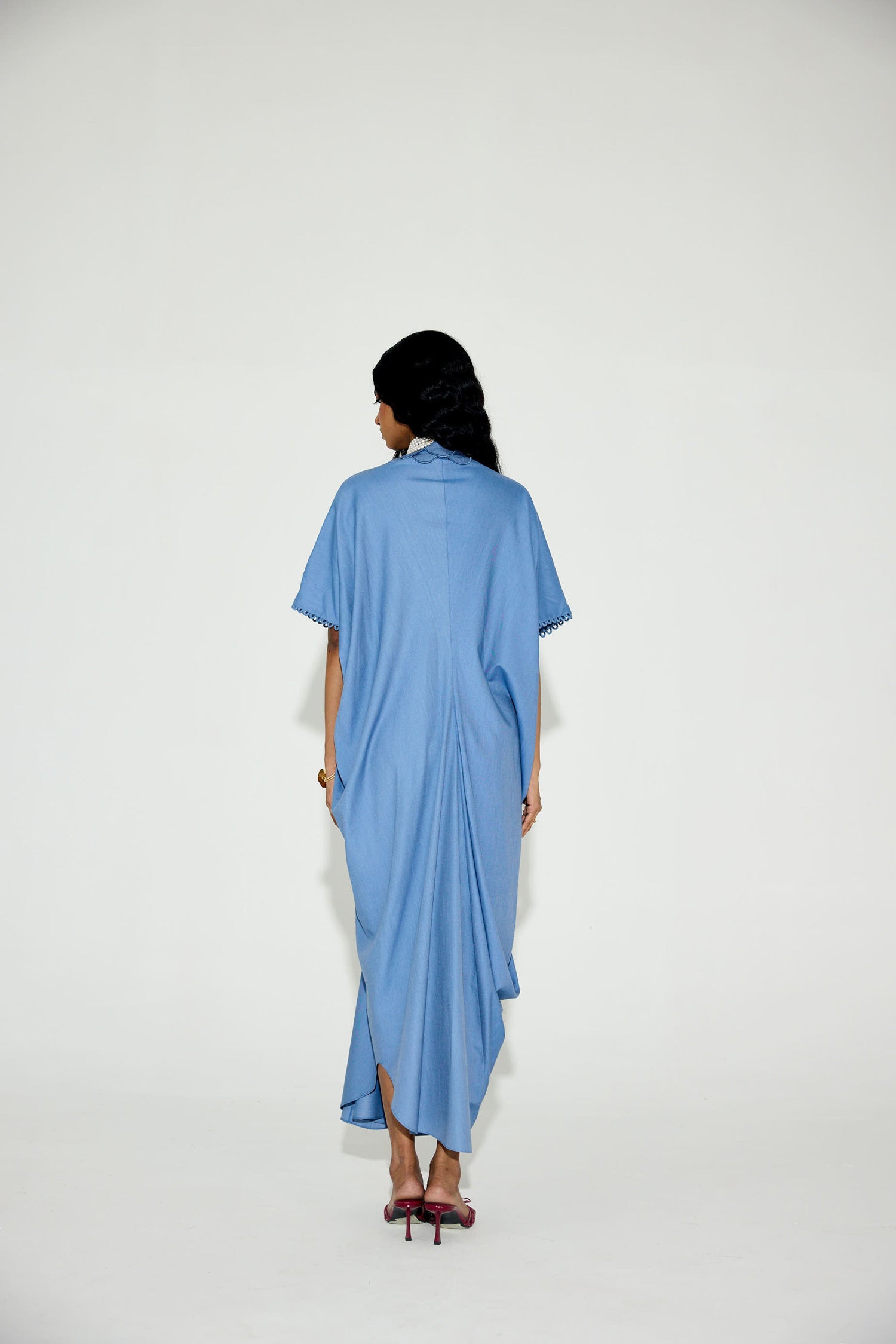 Indy [DENIM] Handcrfated Fringed & Scalloped Neck Draped Kaftan
