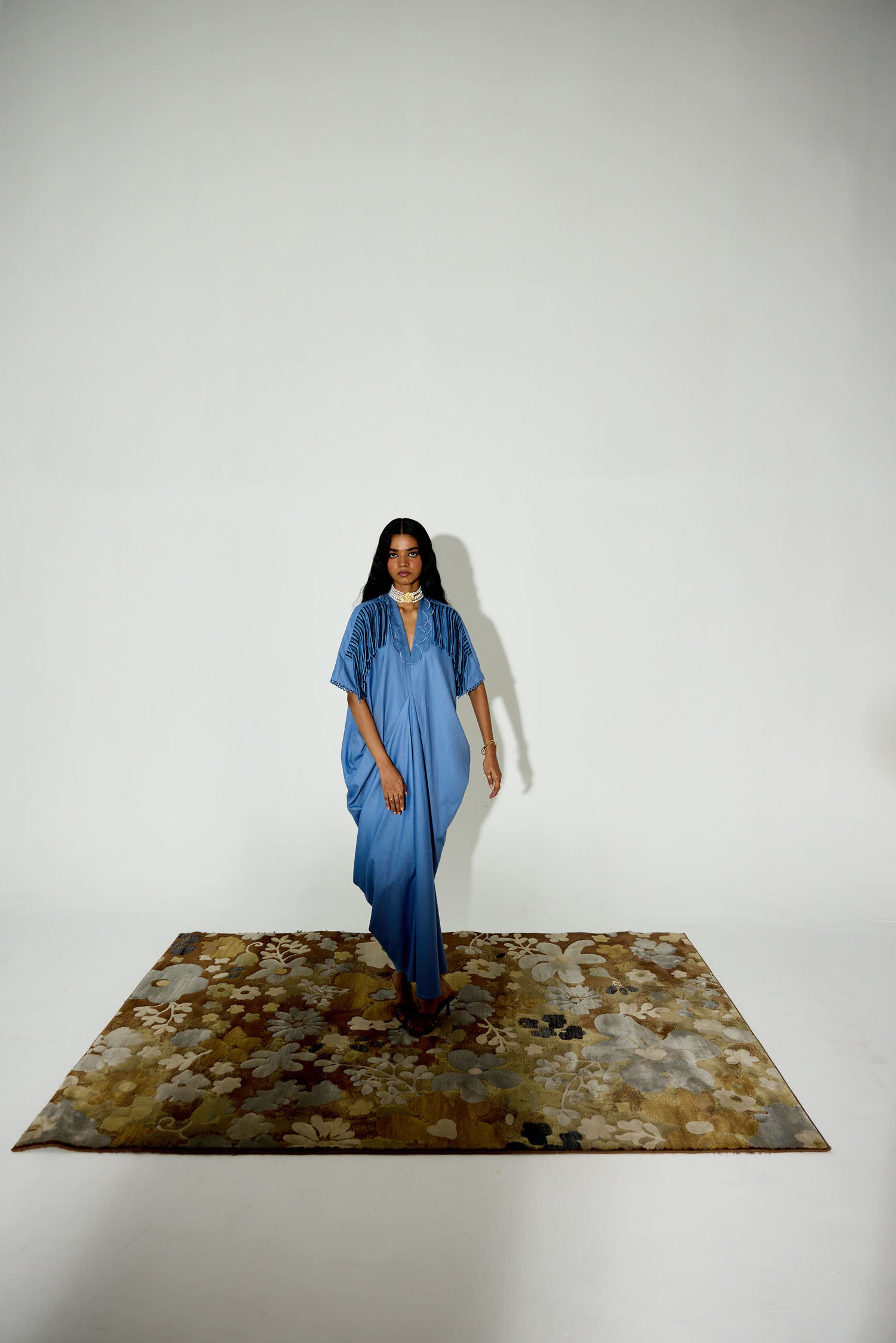 Indy [DENIM] Handcrfated Fringed & Scalloped Neck Draped Kaftan