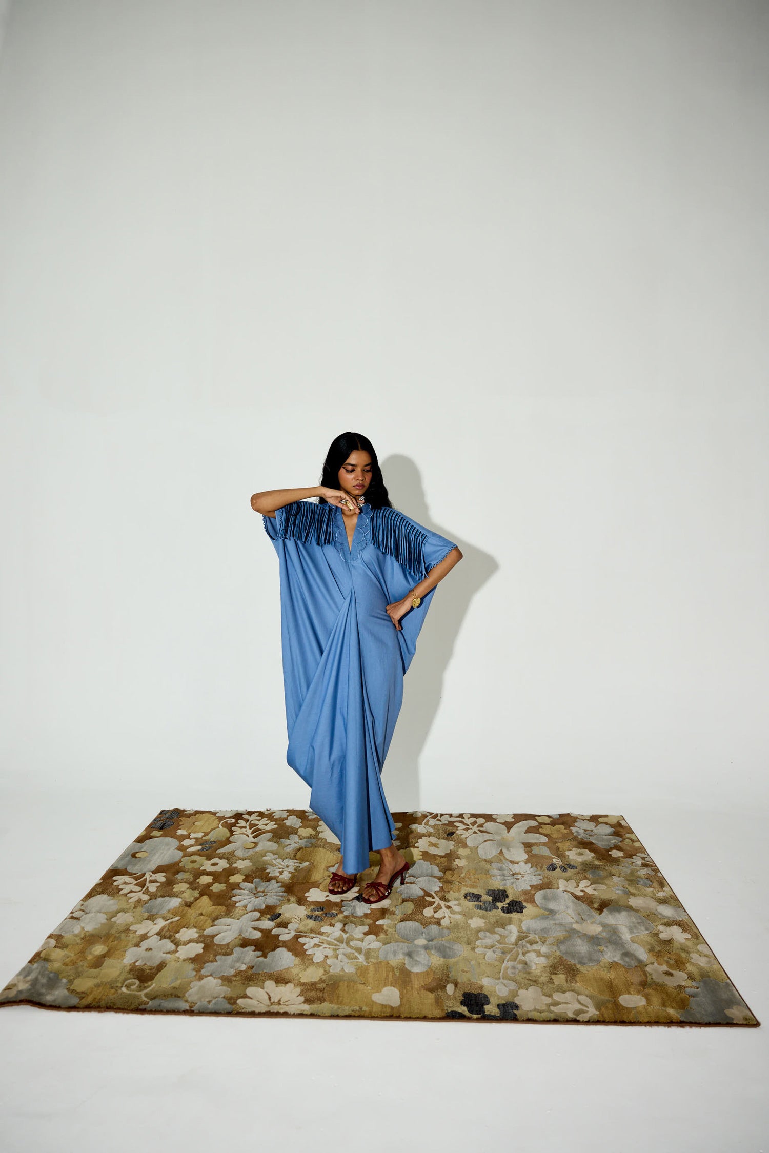 Indy [DENIM] Handcrfated Fringed & Scalloped Neck Draped Kaftan
