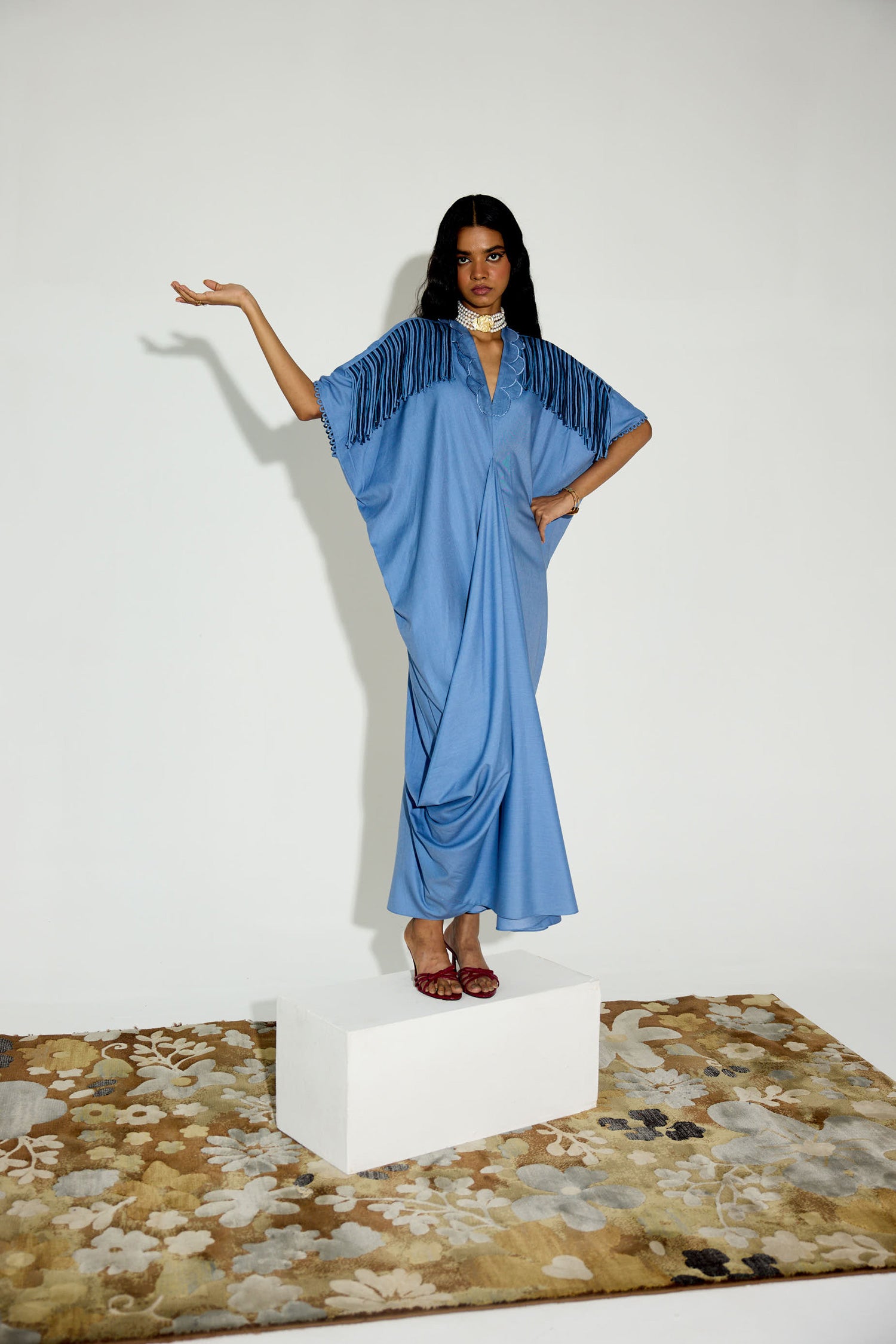 Indy [DENIM] Handcrfated Fringed & Scalloped Neck Draped Kaftan