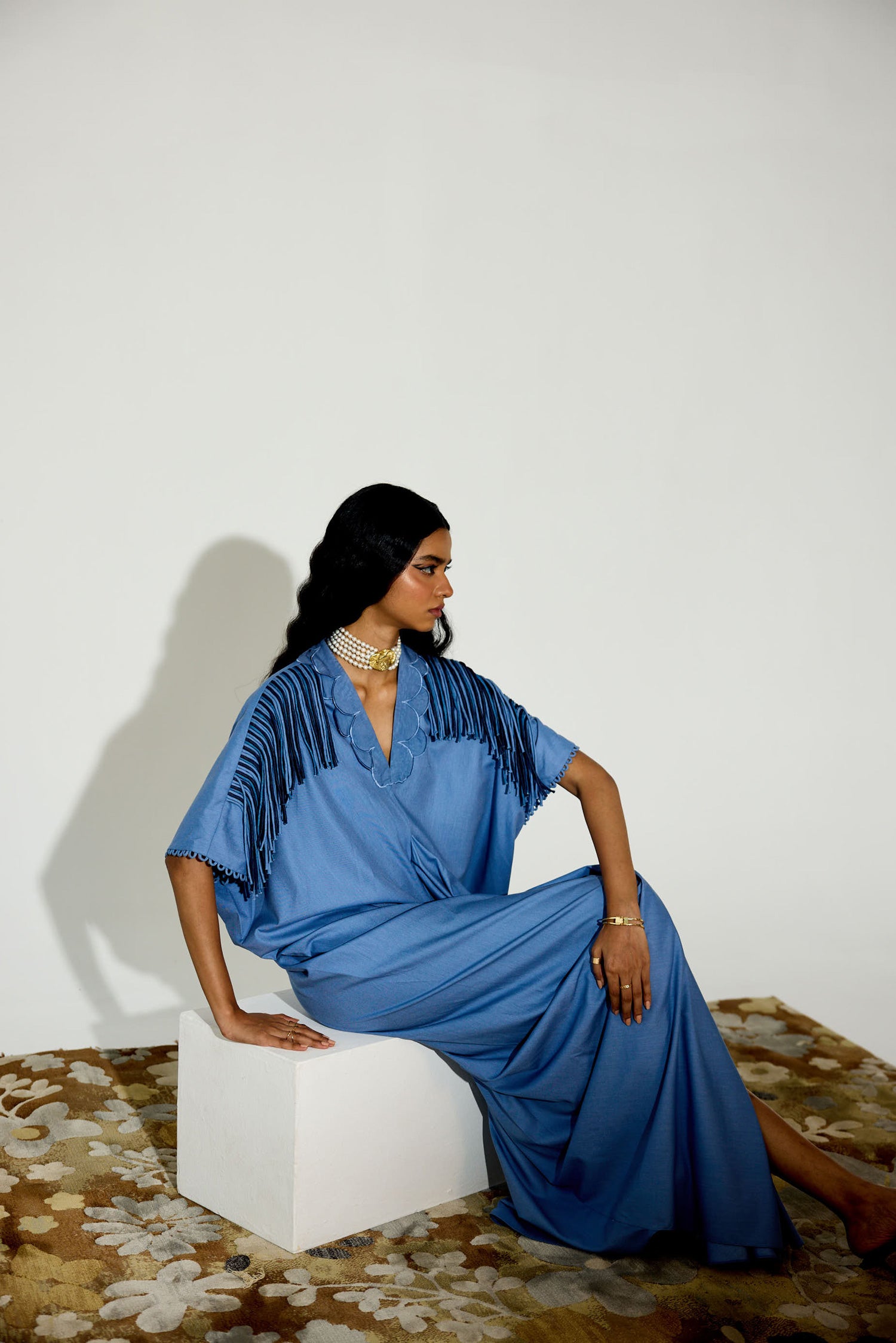 Indy [DENIM] Handcrfated Fringed & Scalloped Neck Draped Kaftan