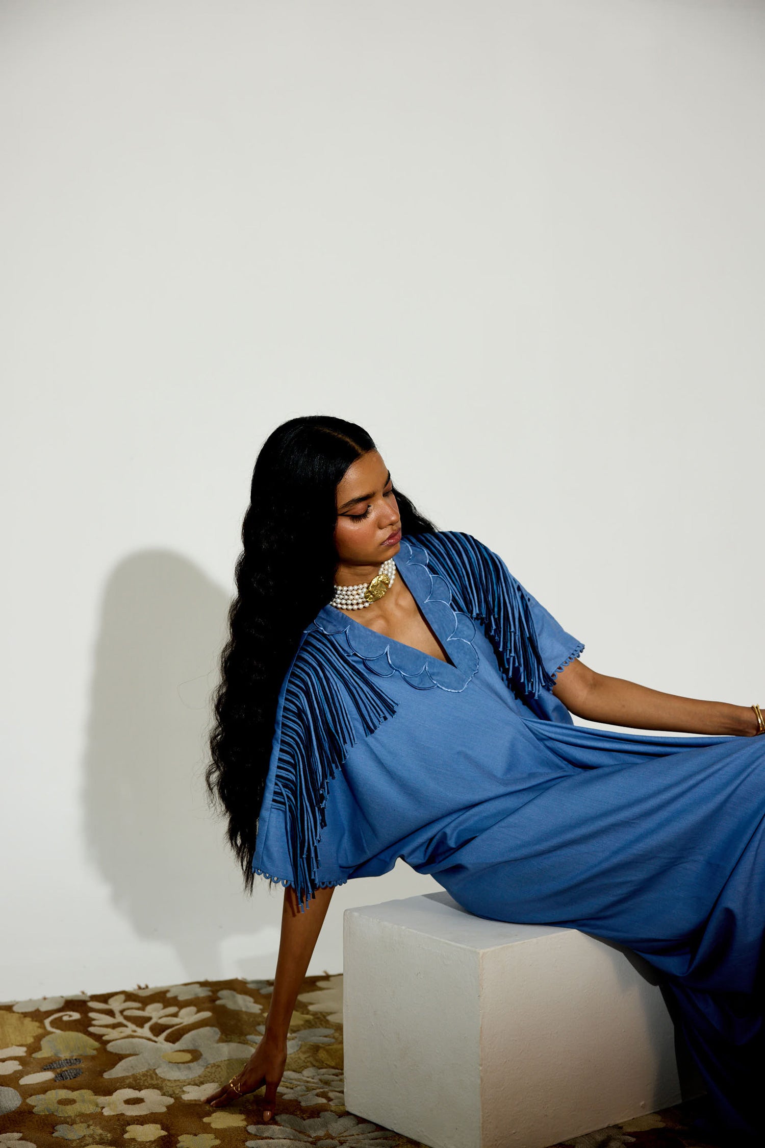 Indy [DENIM] Handcrfated Fringed & Scalloped Neck Draped Kaftan