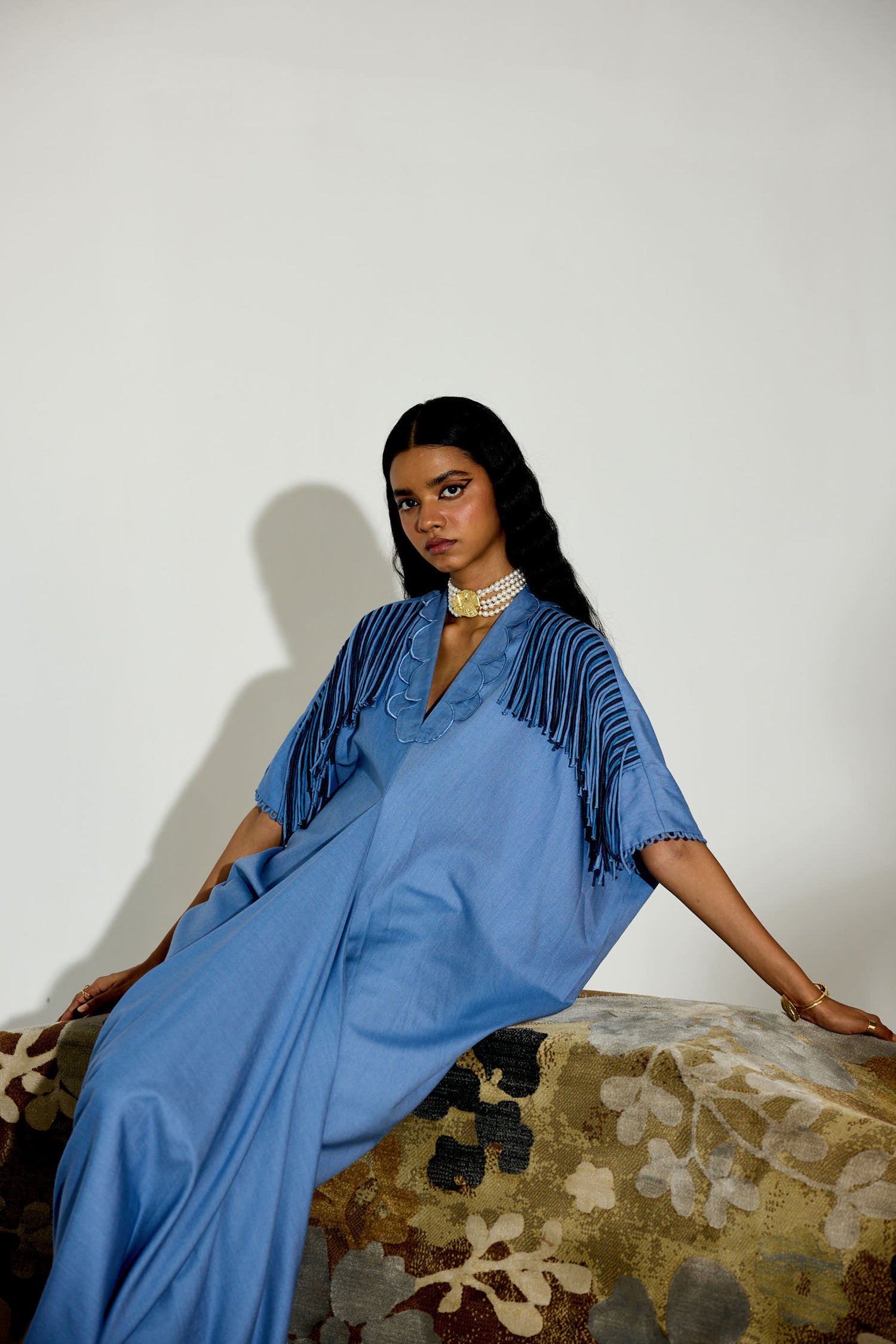 Indy [DENIM] Handcrfated Fringed & Scalloped Neck Draped Kaftan