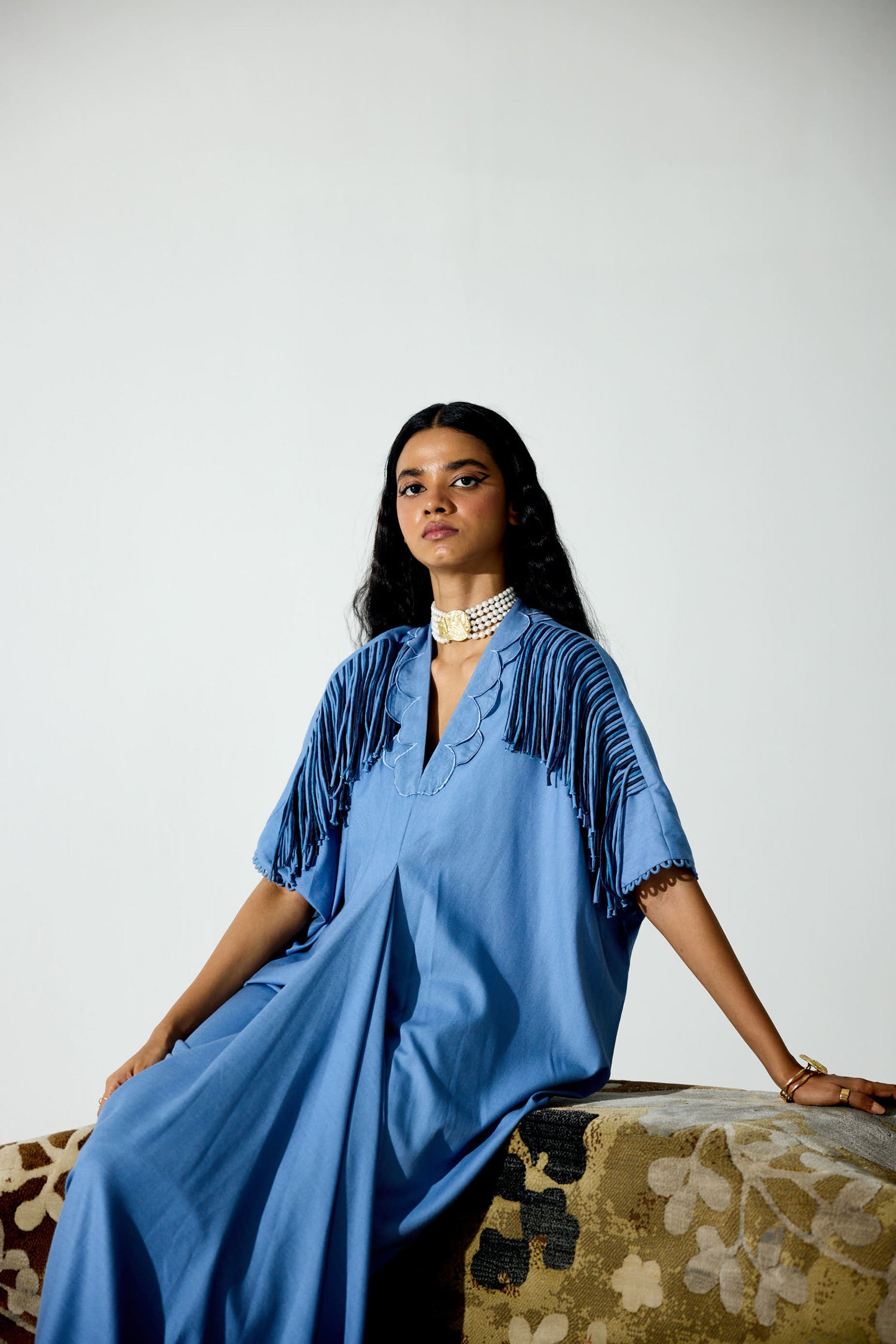 Indy [DENIM] Handcrfated Fringed & Scalloped Neck Draped Kaftan