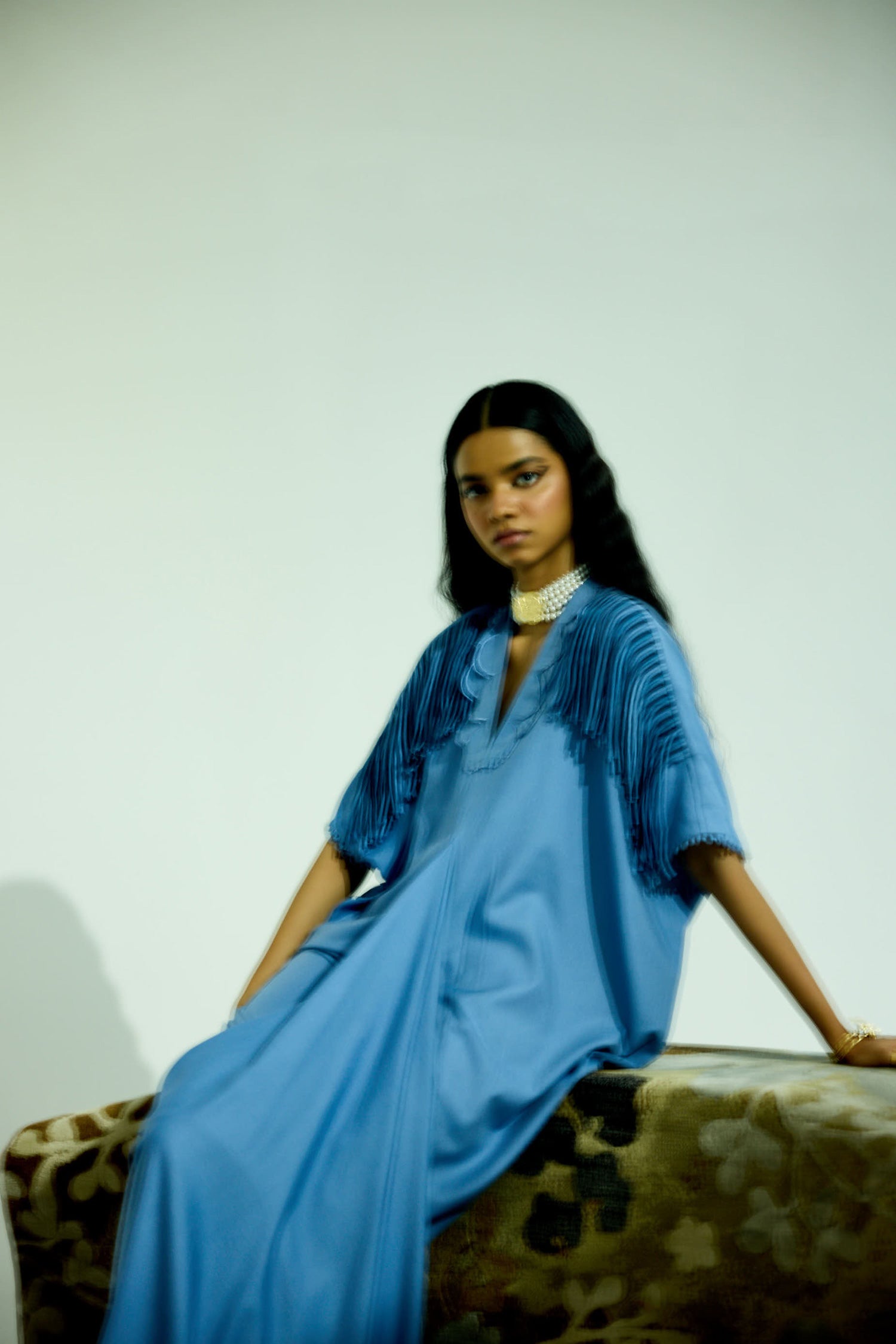 Indy [DENIM] Handcrfated Fringed & Scalloped Neck Draped Kaftan
