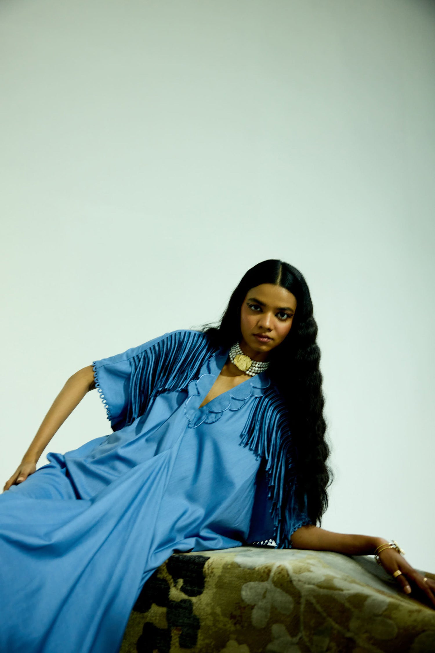 Indy [DENIM] Handcrfated Fringed & Scalloped Neck Draped Kaftan