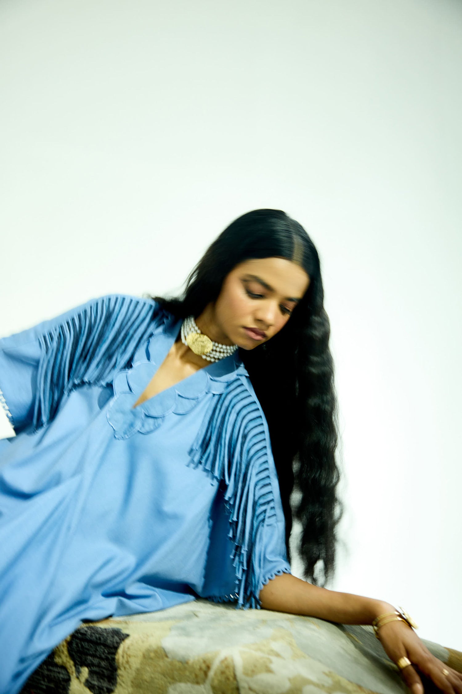 Indy [DENIM] Handcrfated Fringed & Scalloped Neck Draped Kaftan