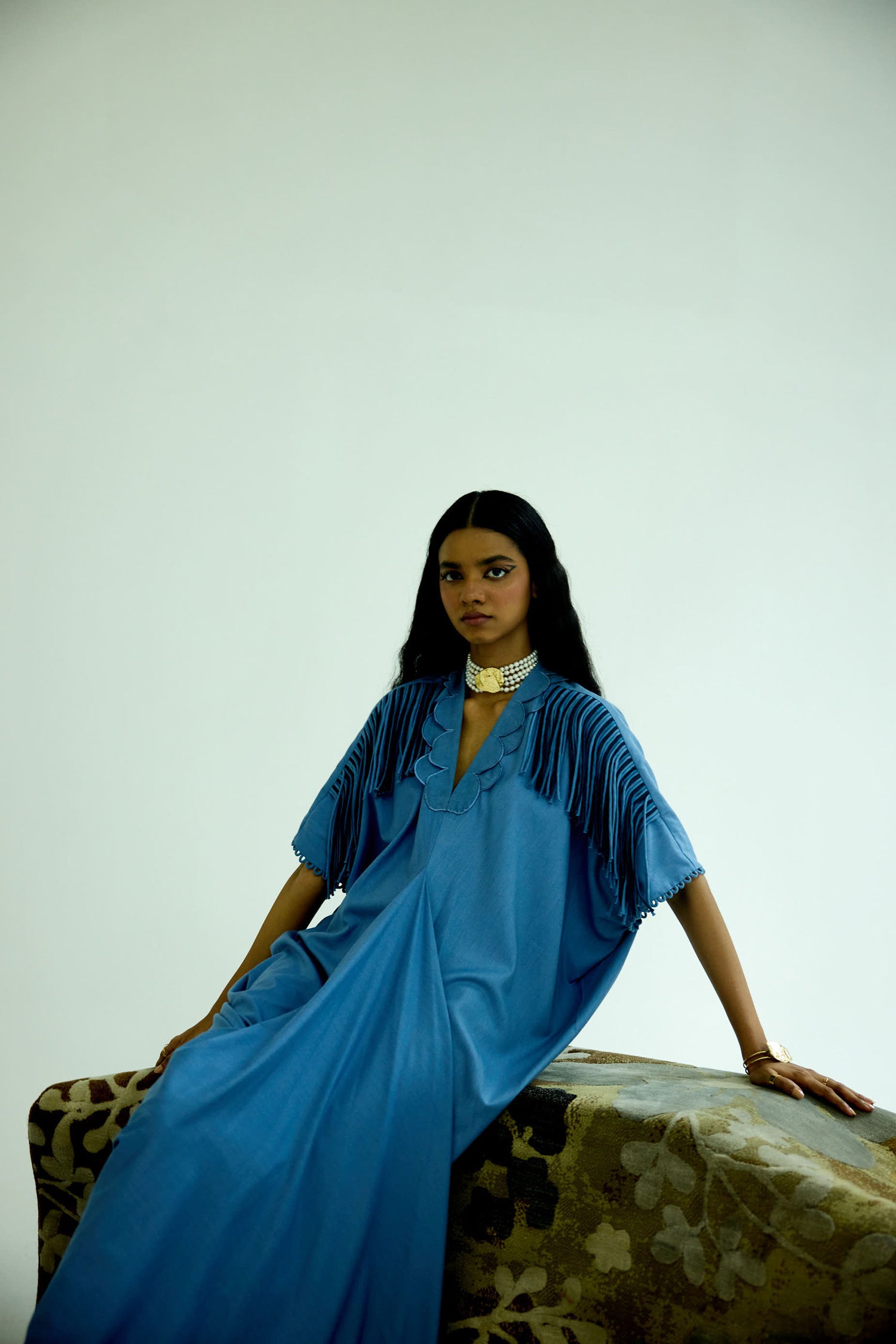 Indy [DENIM] Handcrfated Fringed & Scalloped Neck Draped Kaftan