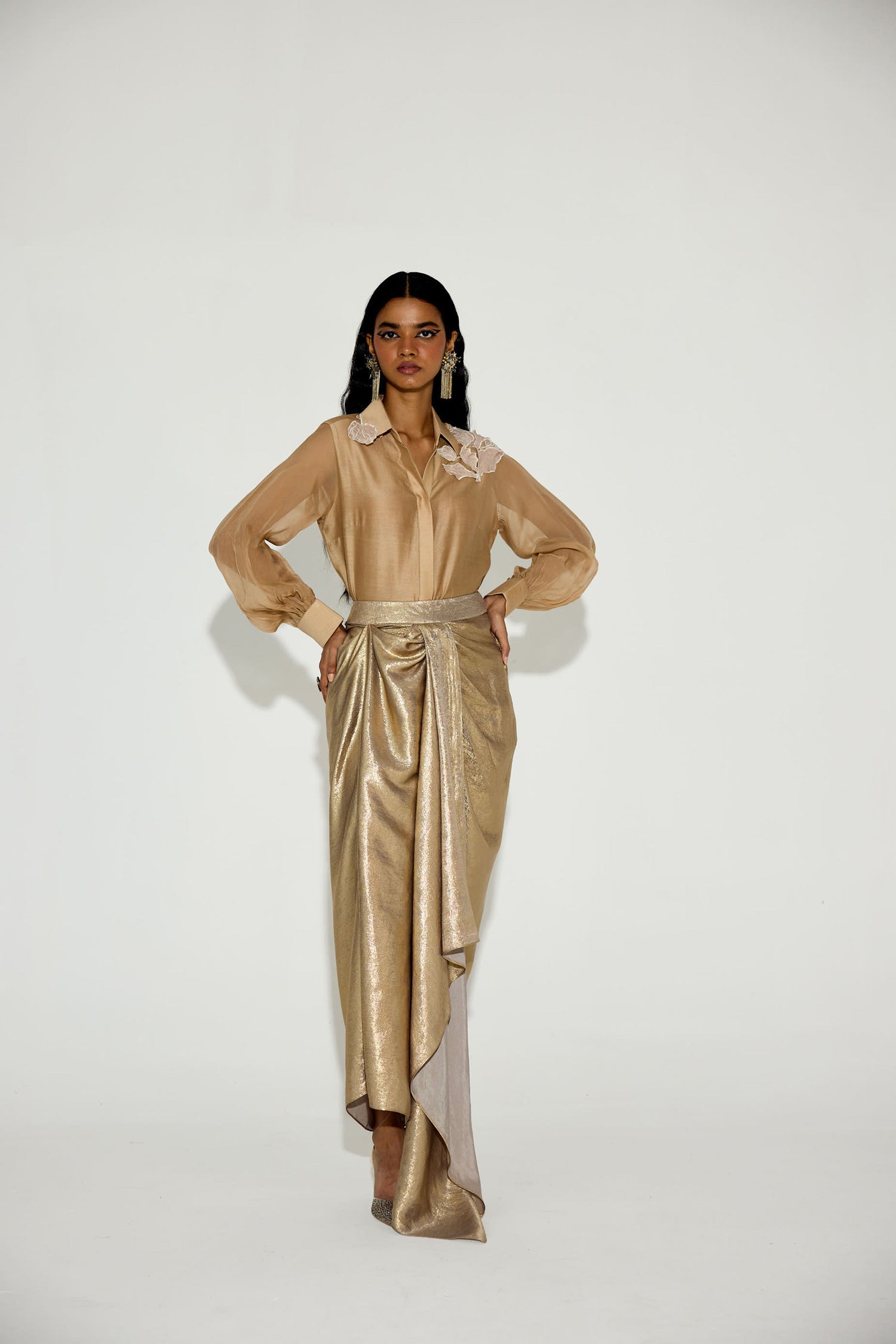 Kokum Cola Draped Skirt Set (Light Gold)