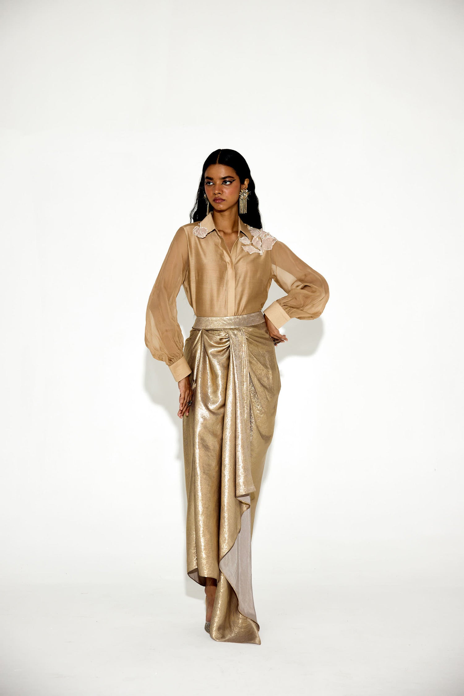 Kokum Cola Draped Skirt Set (Light Gold)