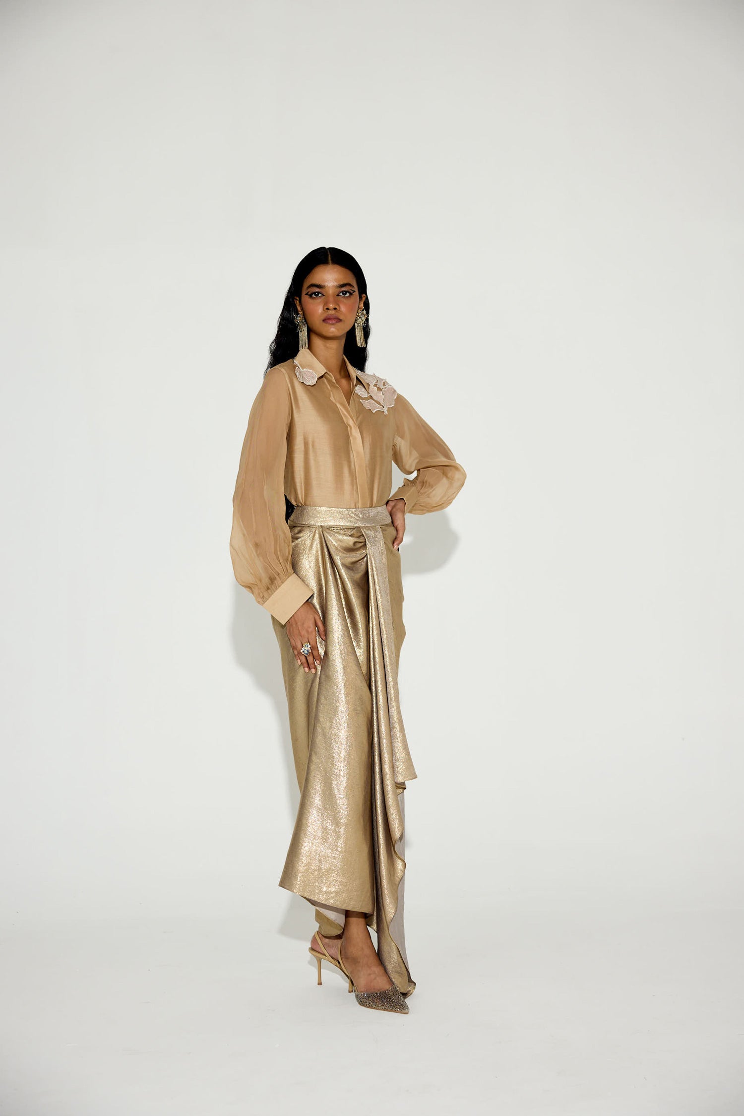 Kokum Cola Draped Skirt Set (Light Gold)