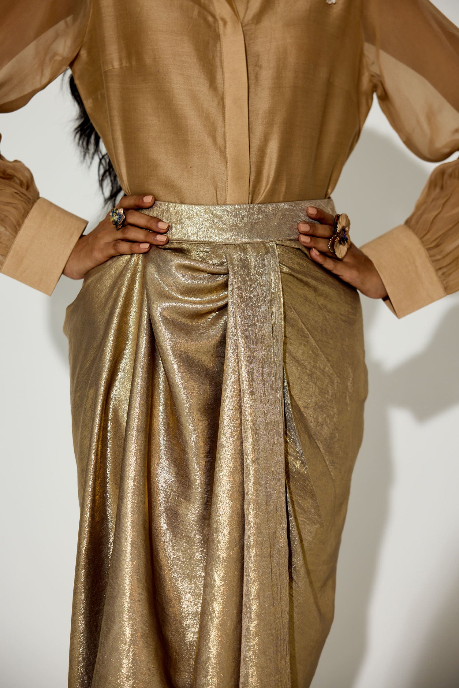 Kokum Cola Draped Skirt Set (Light Gold)