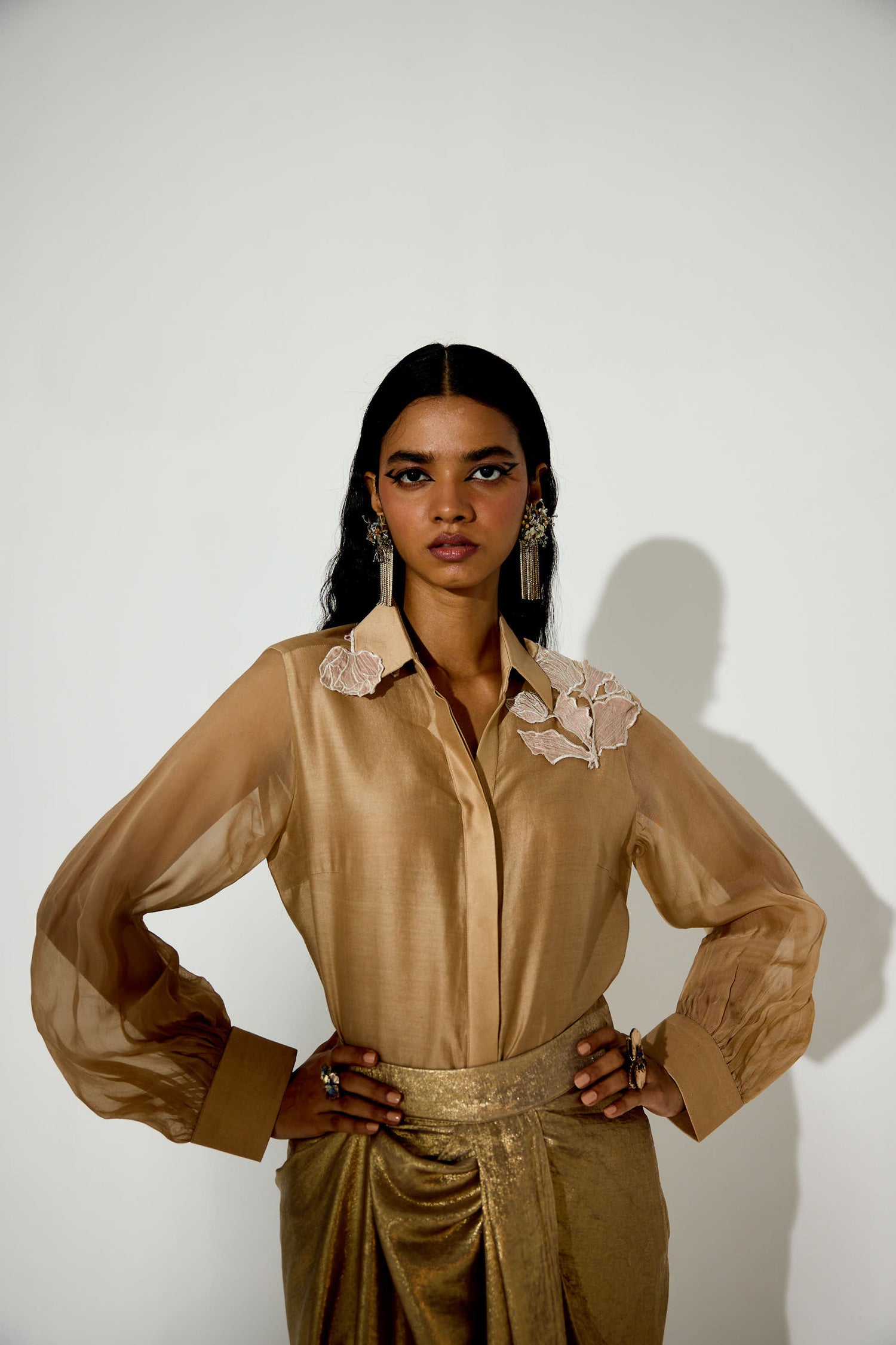 Kokum Cola Draped Skirt Set (Light Gold)