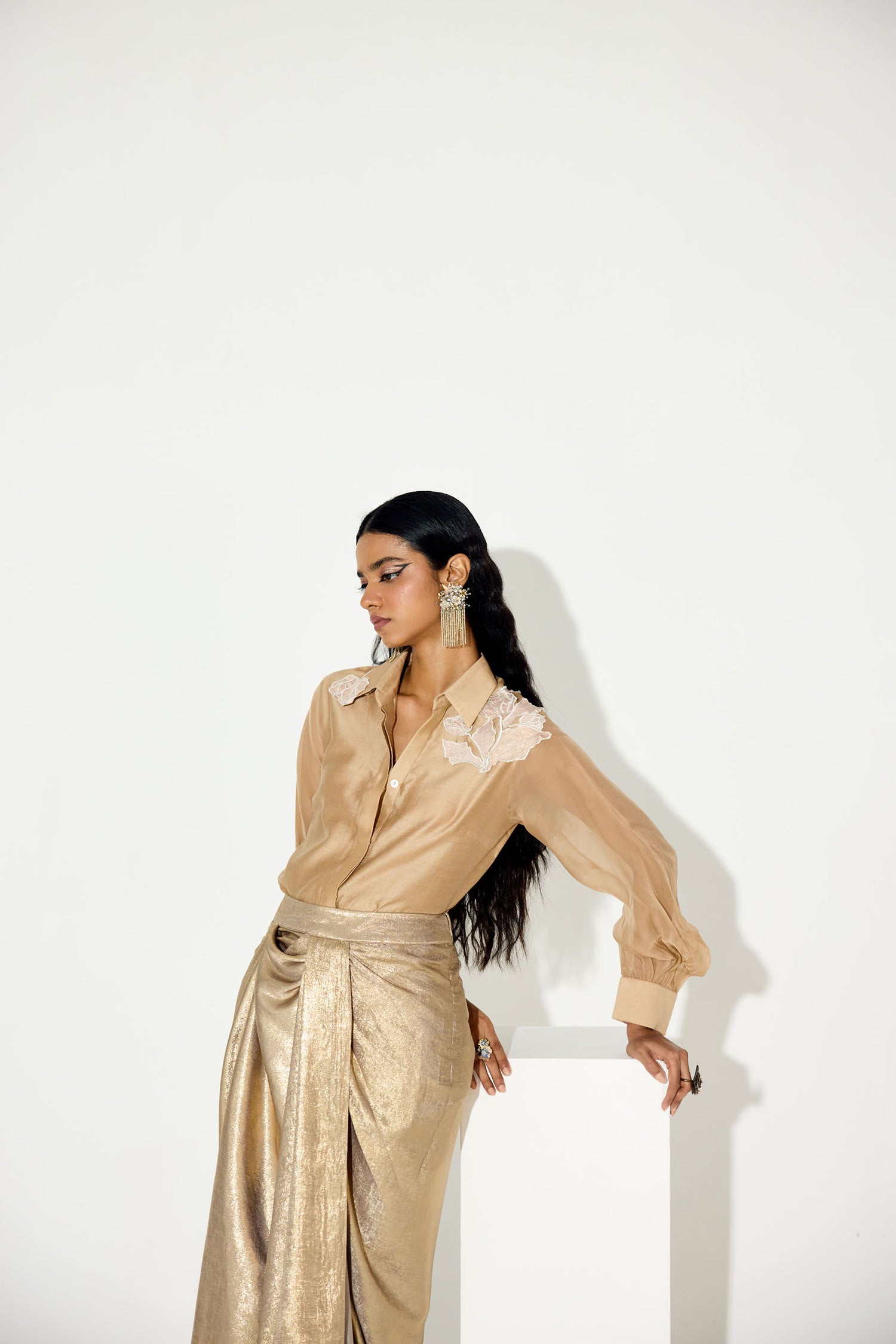 Kokum Cola Draped Skirt Set (Light Gold)