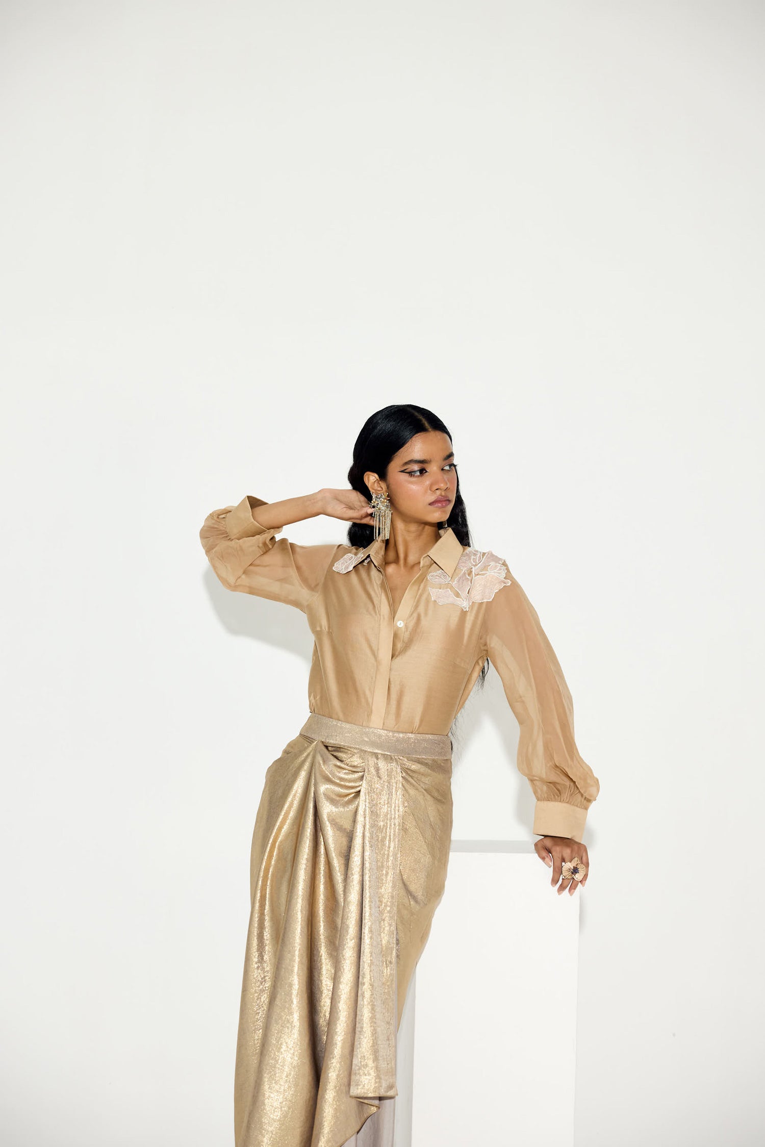 Kokum Cola Draped Skirt Set (Light Gold)