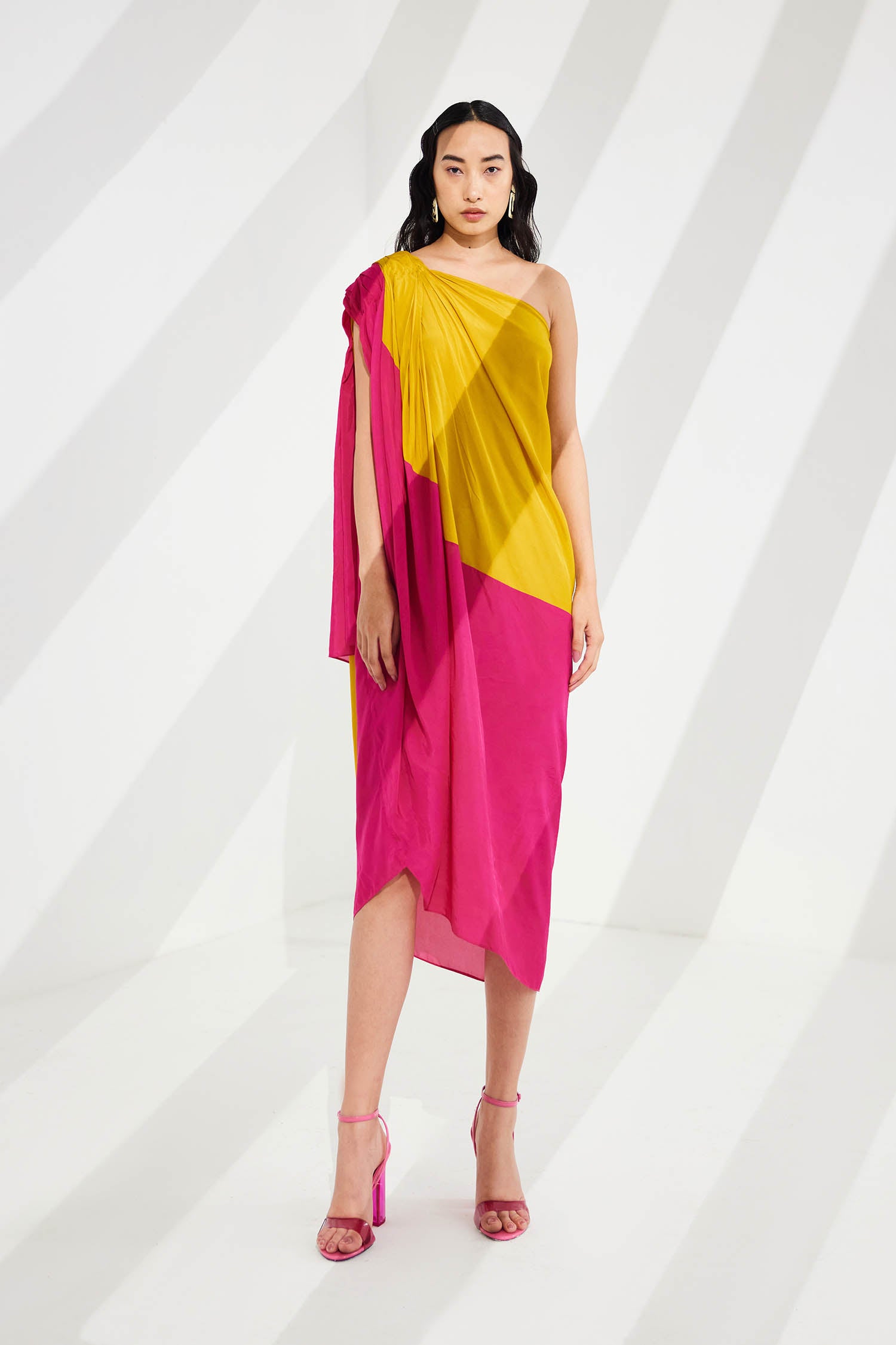 Cosmo Color Blocked Draped One Shoulder Dress