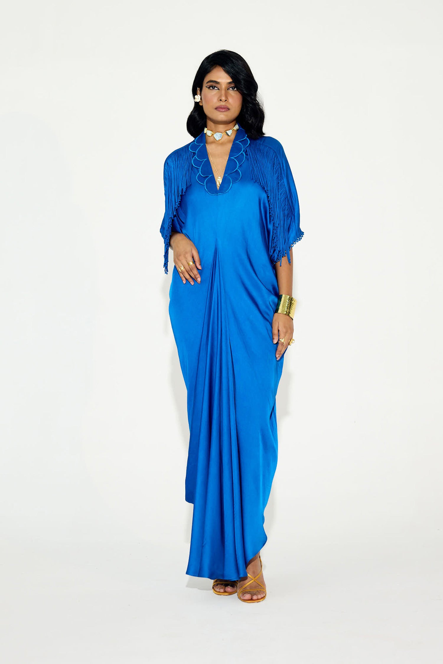 Indy Handcrfated Fringed & Scalloped Neck Draped Kaftan