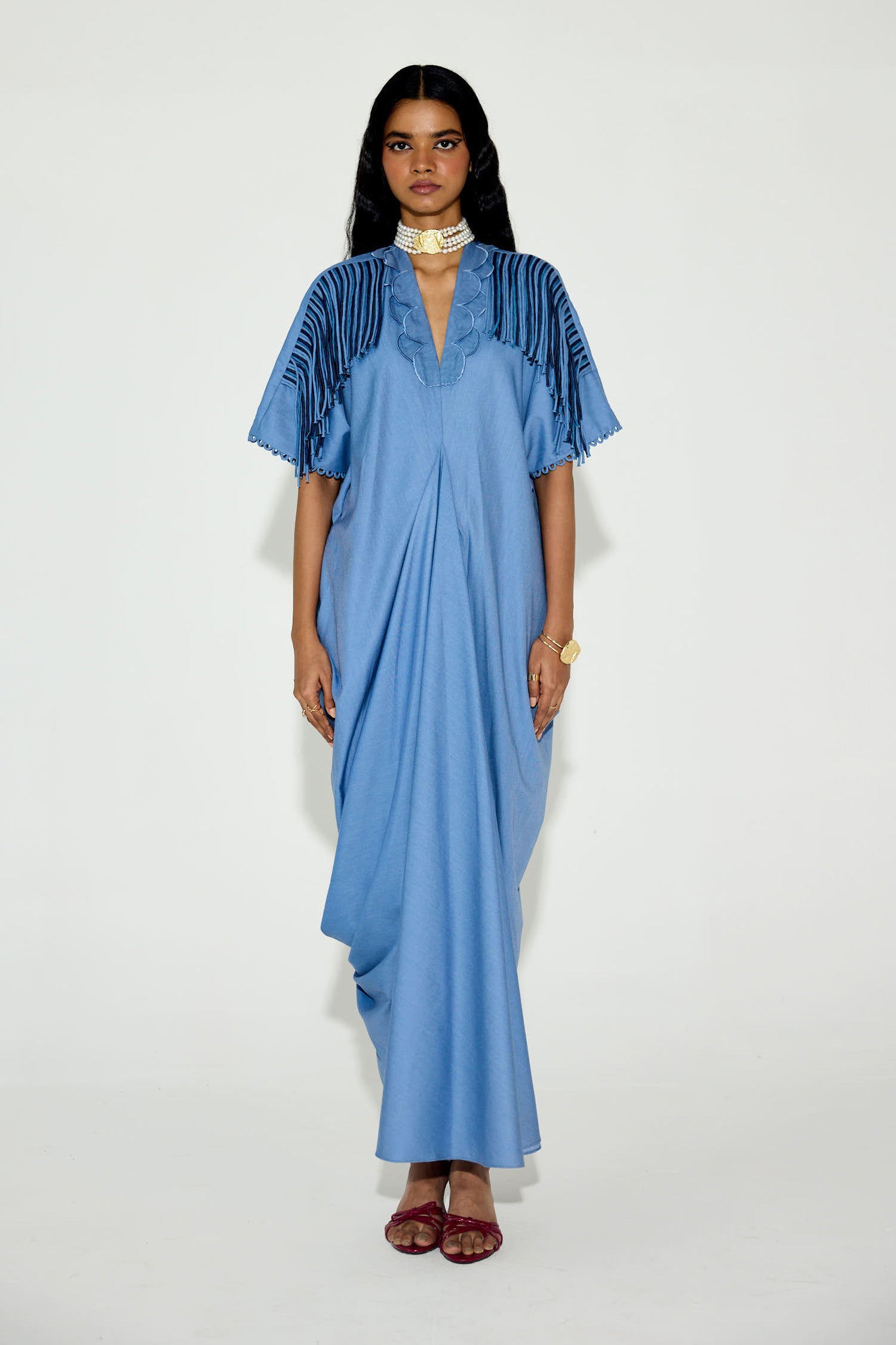 Indy [DENIM] Handcrfated Fringed & Scalloped Neck Draped Kaftan