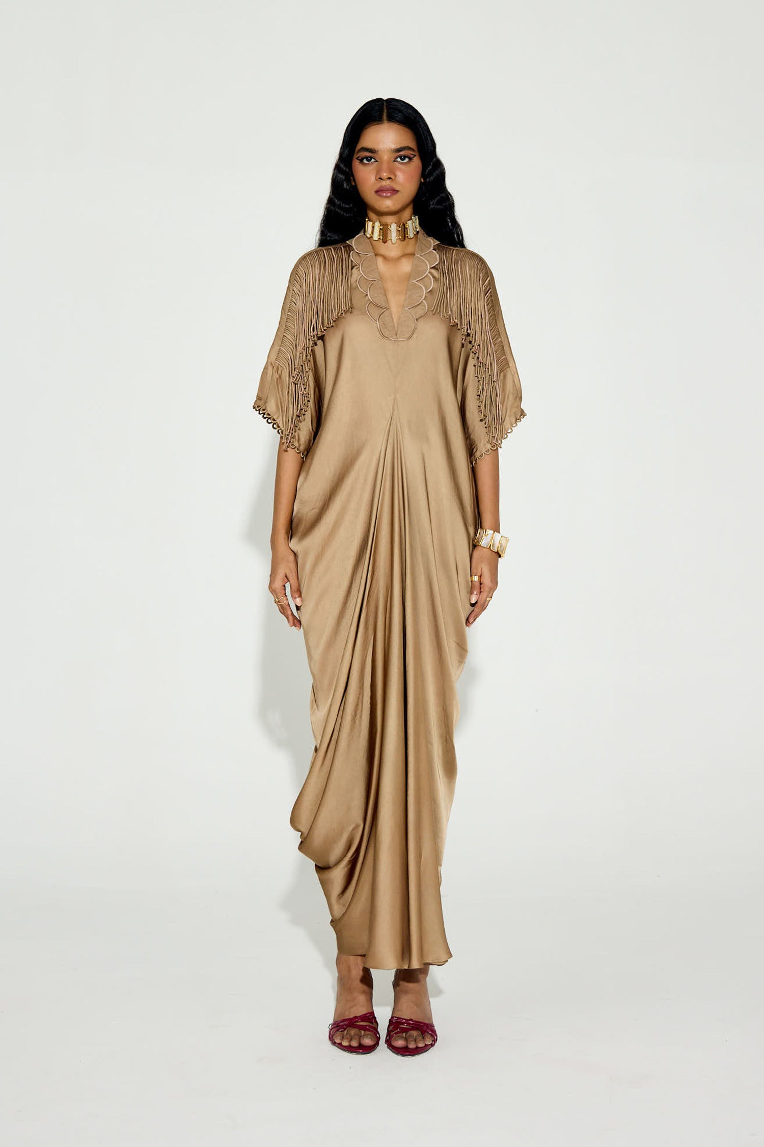 Indy Handcrfated Fringed & Scalloped Neck Draped Kaftan